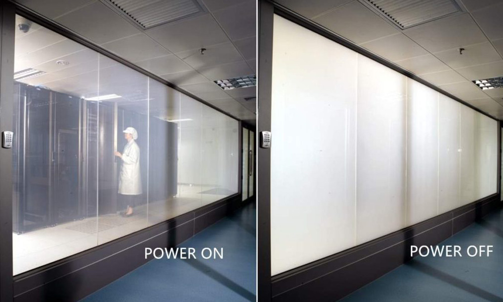 Image of glass windows that become frosted when a current is applied to it